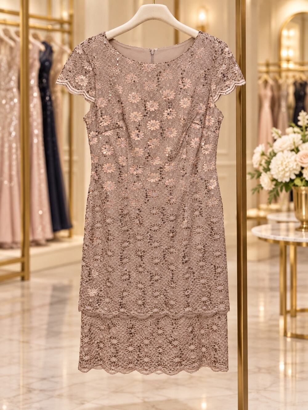 Alex Evenings Champagne Floral Lace Sequin Sheath Dress Size 8 NWT Cocktail Chic